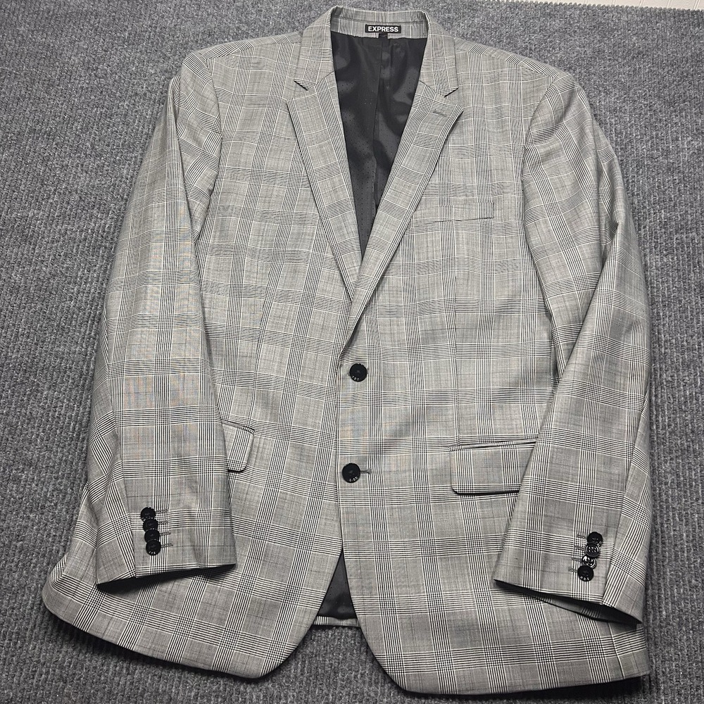 Express Producer Modern Fit Jacket Blazer Mens 44 Regular Slim Plaid Check Grey
